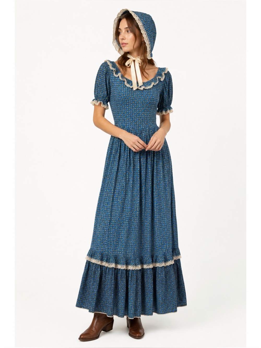 Vintage 1970s Paisley Calico Prairie Maxi Dress with Matching Bonnet